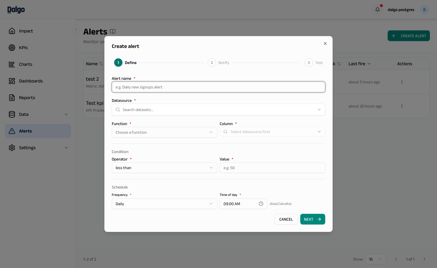 Create Custom alert — Define step