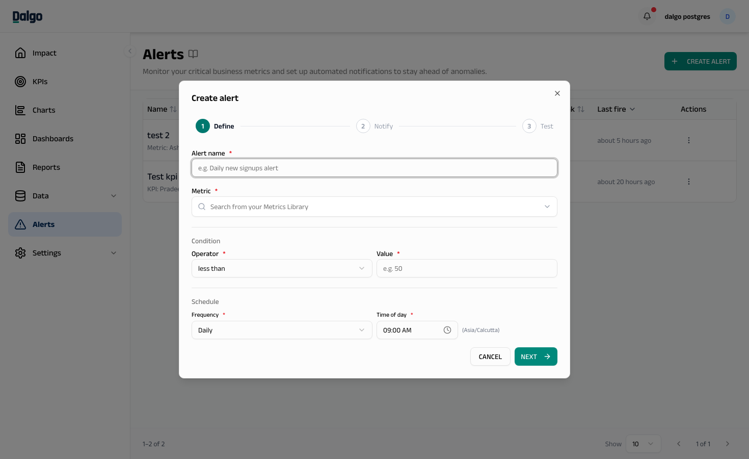 Create Metric alert — Define step