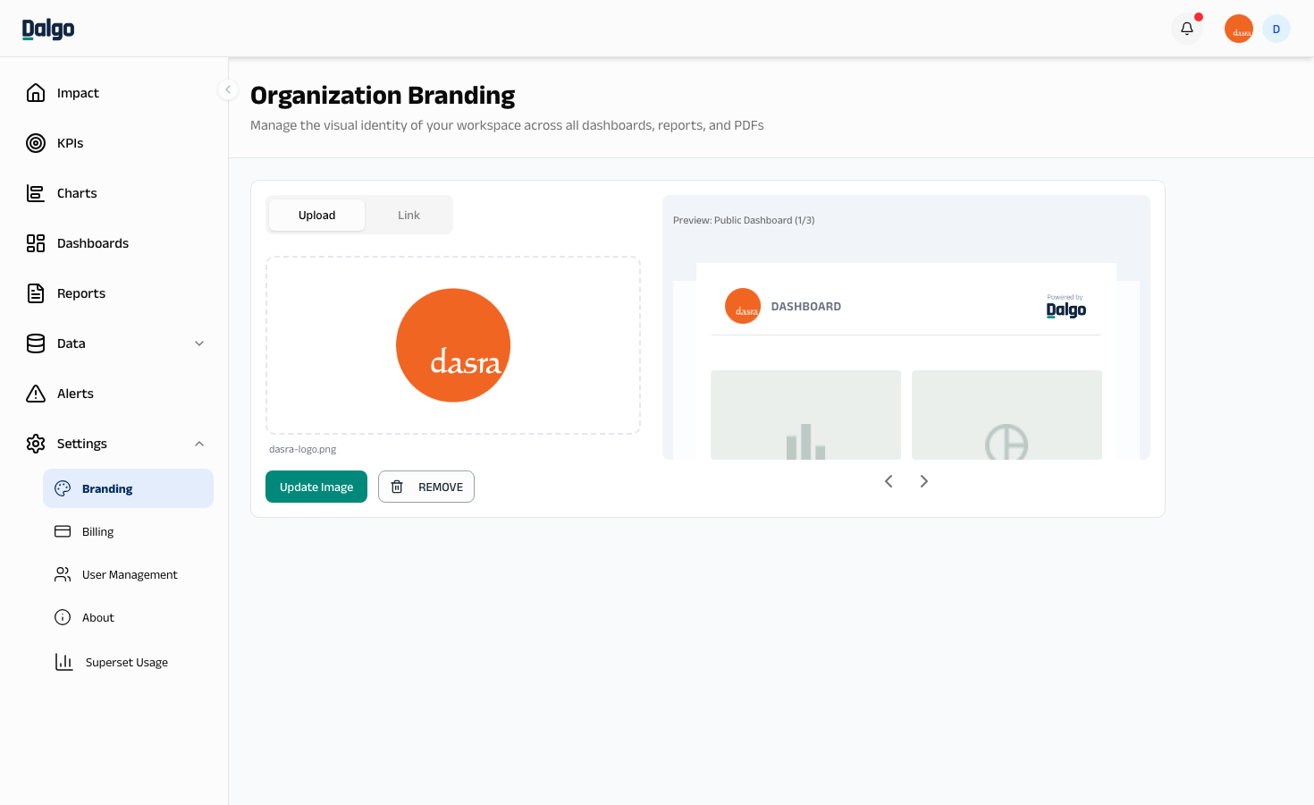 Branding Upload tab with a saved logo