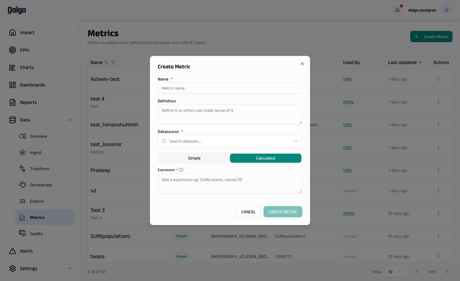 Create Metric — Calculated mode