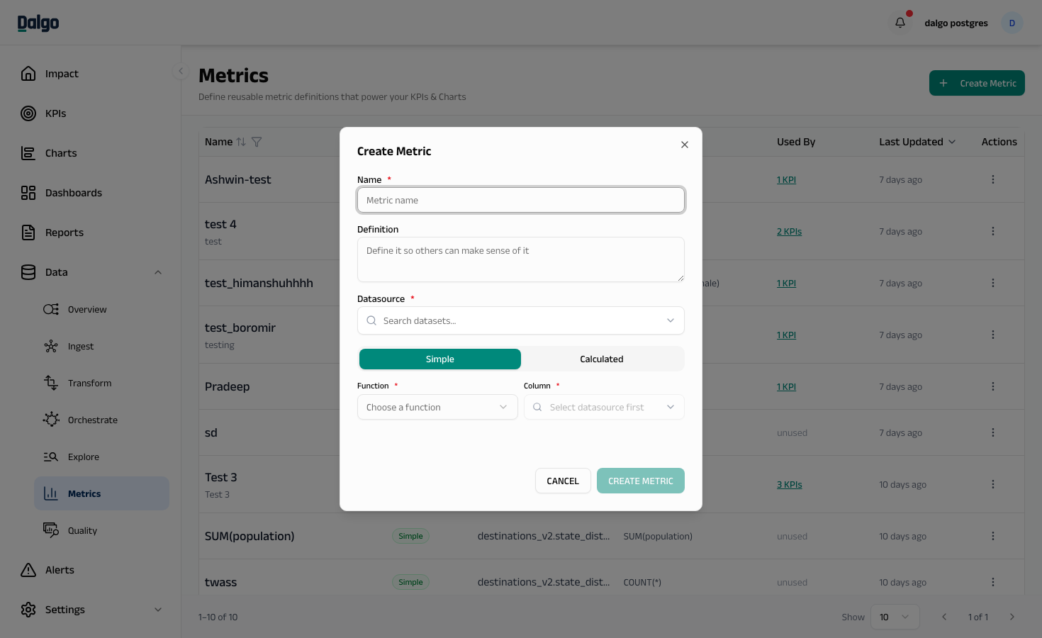 Create Metric — Simple mode