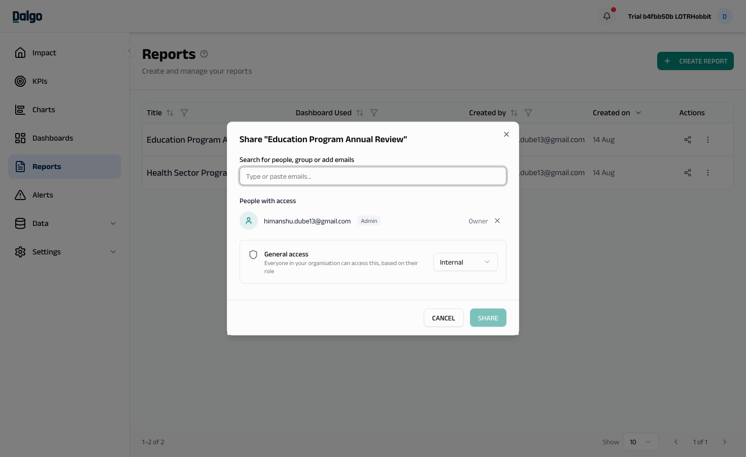 Report share modal